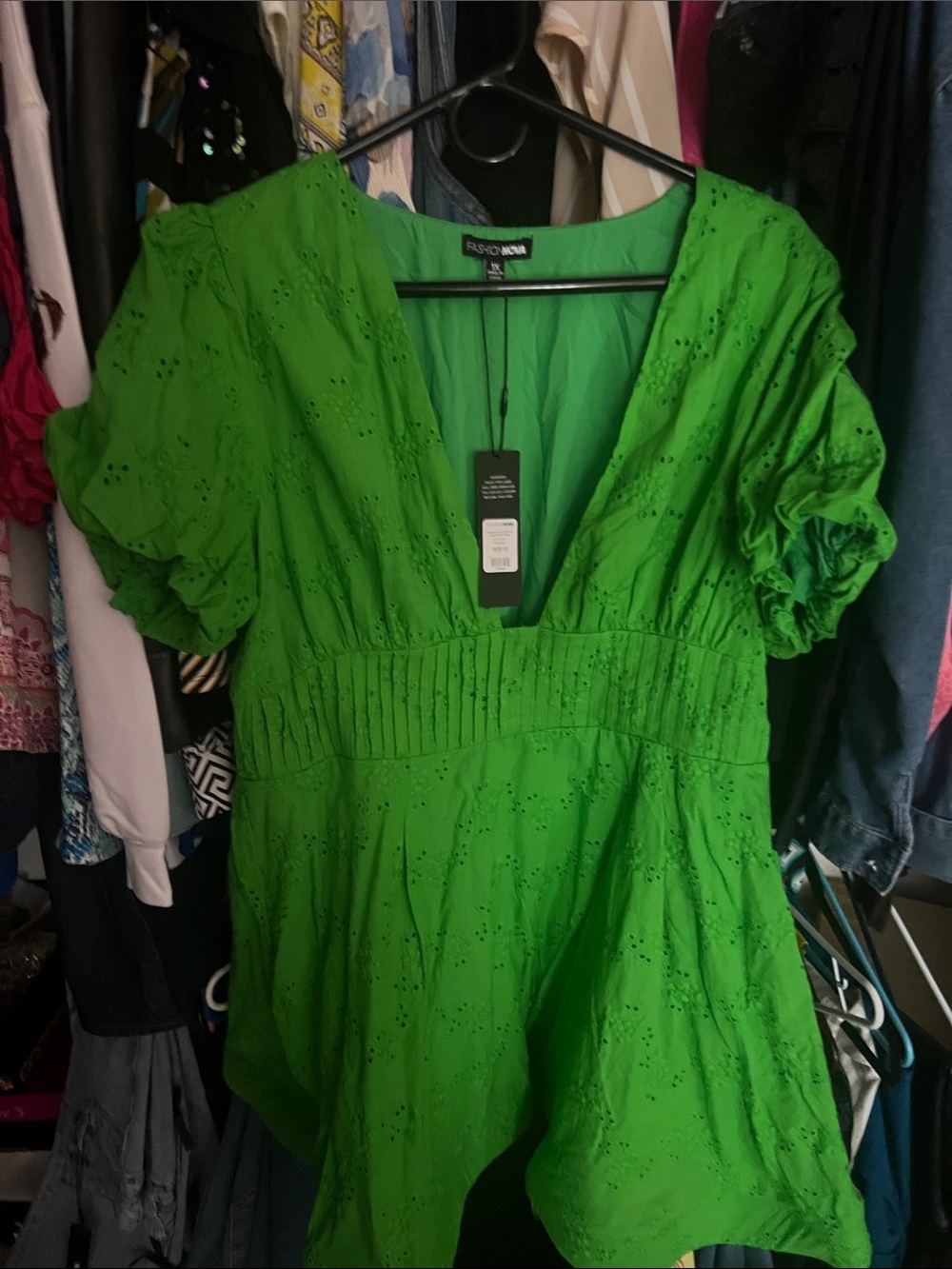 Fashion Nova Bright Green Eyelet V-Neck Peasant Blouse